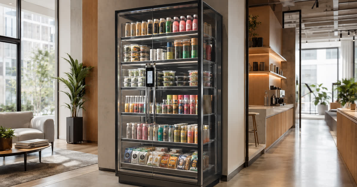 Revvolto smart fridge in an Austin coworking shared kitchen with glass doors, stocked products, and handle touchscreen
