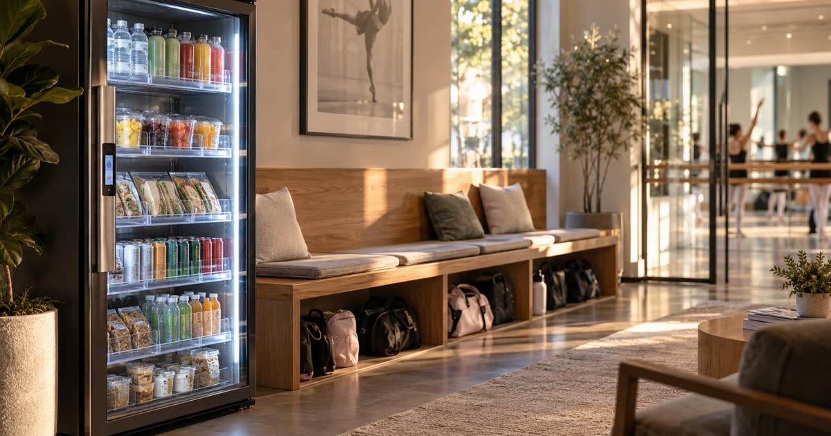 Revvolto smart fridge in a dance studio waiting area with clear glass doors and stocked grab-and-go products