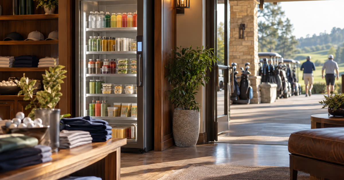 Revvolto smart fridge near a golf club pro shop path with clear stocked glass and cashless grab-and-go access