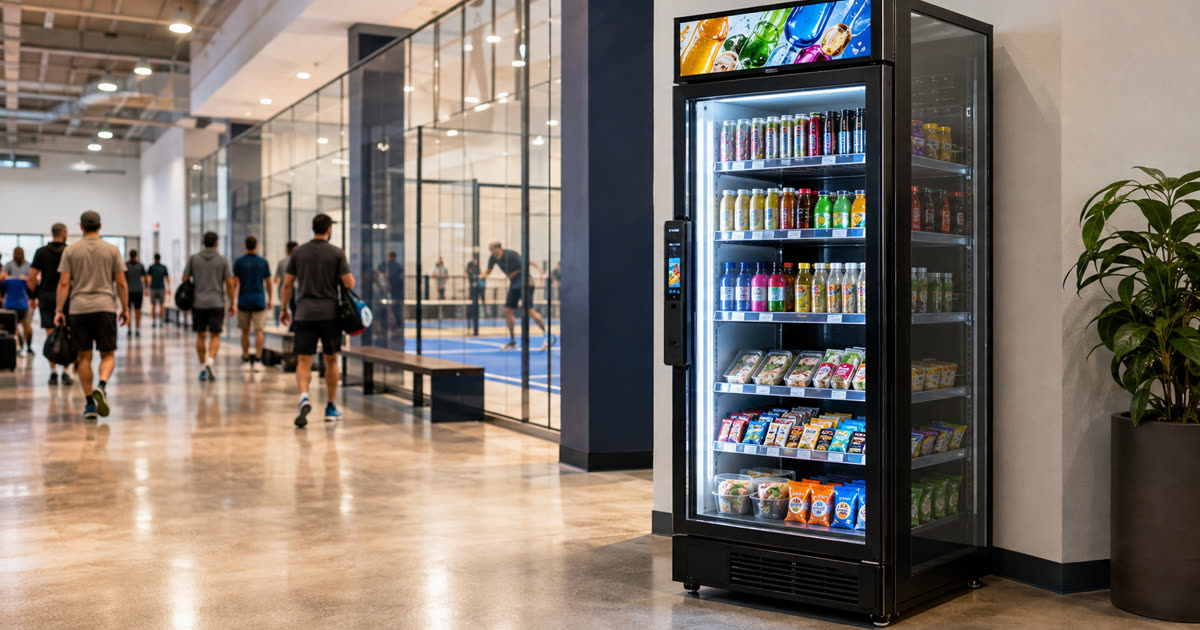 Revvolto smart vending cooler for indoor sports complex lobby pause-point food access