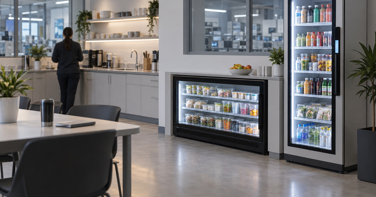 Revvolto smart fridge and cooler setup in a lab staff kitchenette for short breaks