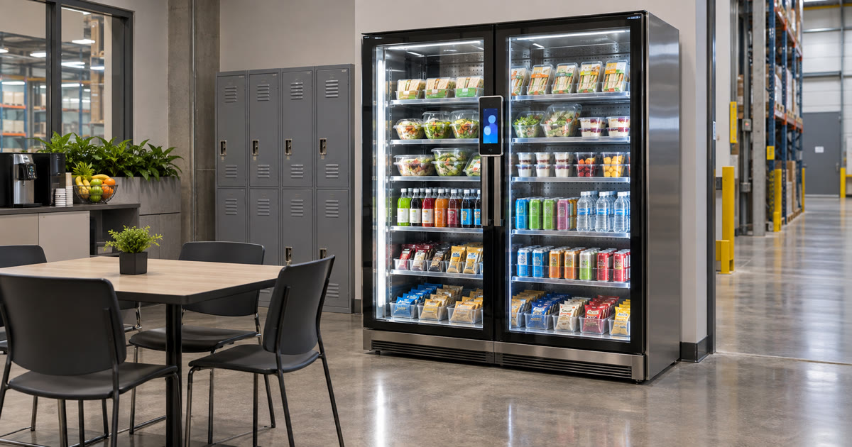 Revvolto smart fridge in a light industrial breakroom with stocked grab and go food