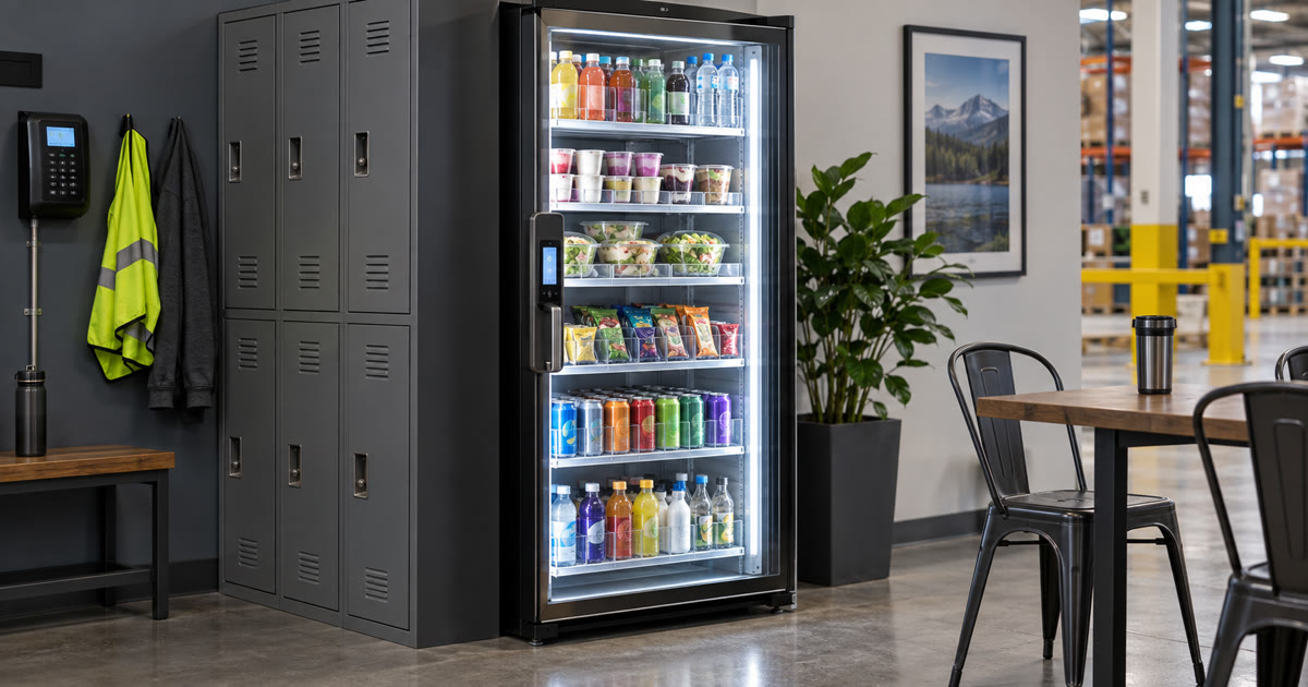 Revvolto smart fridge in a warehouse operations breakroom with clear glass and stocked shelves