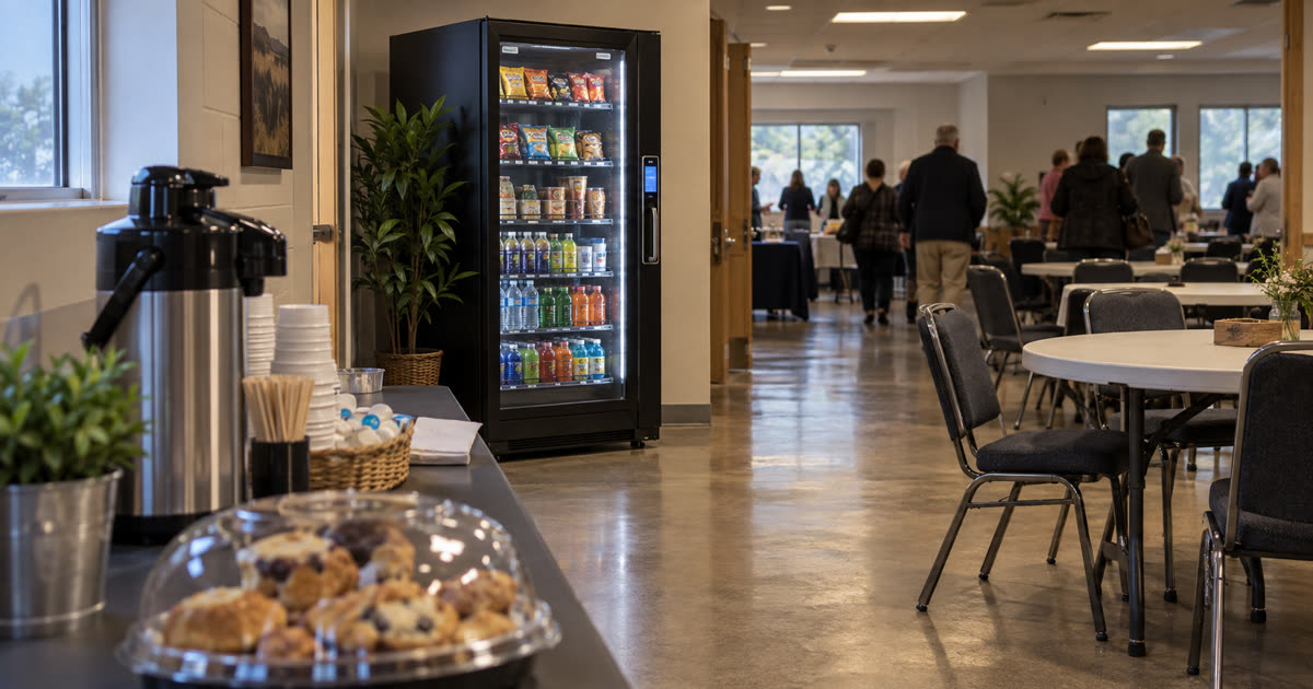 Revvolto smart vending cooler in a church fellowship hall refreshment area for event-day food access