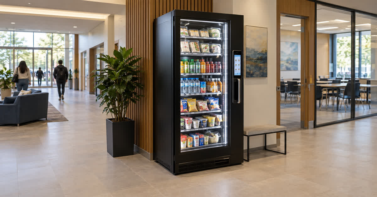 Revvolto smart vending cooler in an Austin community center lobby near meeting rooms and shared spaces