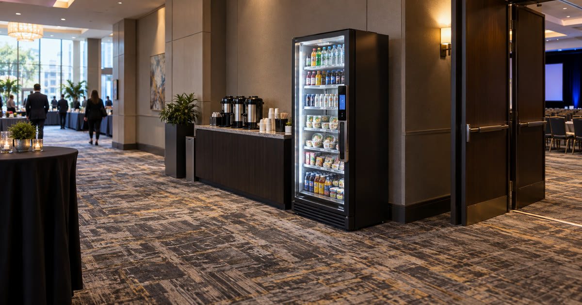 Revvolto smart vending cooler in a conference center prefunction area for meeting break access