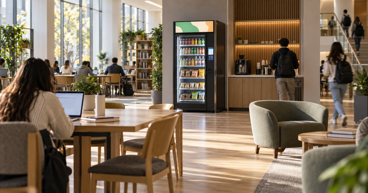 Revvolto smart vending cooler in a bright campus study commons near tables and shelves