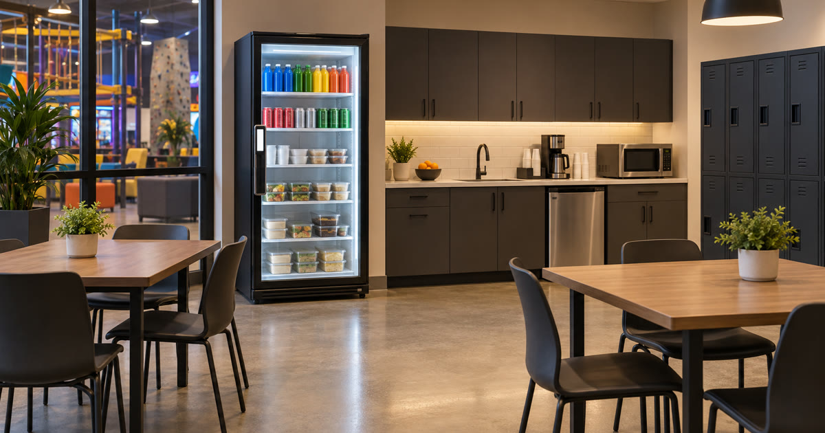 Revvolto smart vending cooler in an entertainment venue staff breakroom pause path