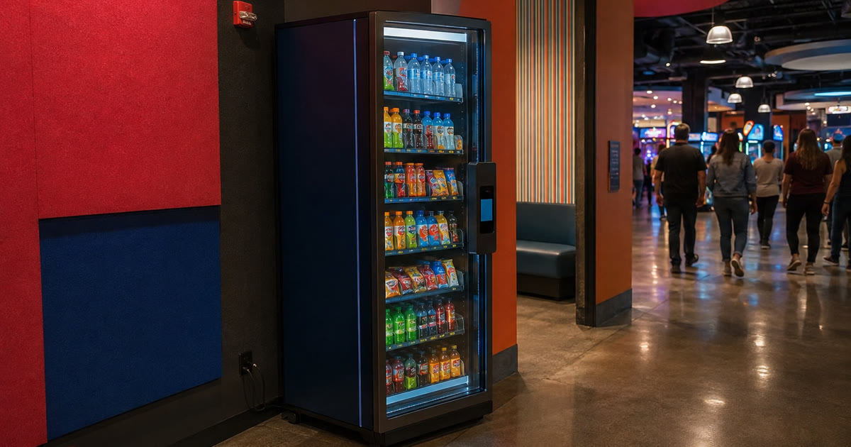 Revvolto local smart vending cooler near a family entertainment center lobby pause path