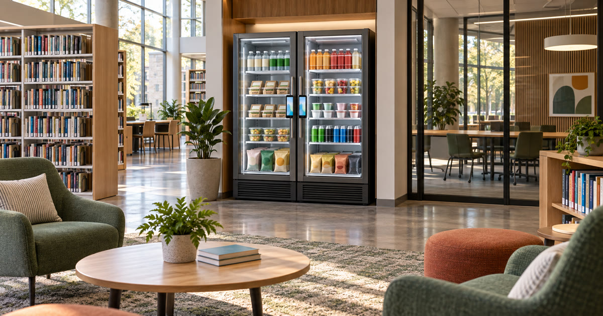 Double-door smart vending cooler in a modern library study alcove for Revvolto option three