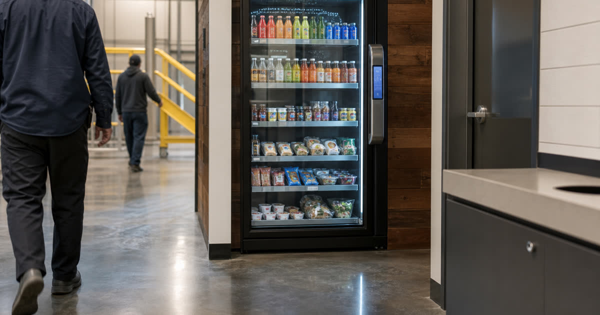 Revvolto smart vending machine near a warehouse break path with clear glass and stocked food access