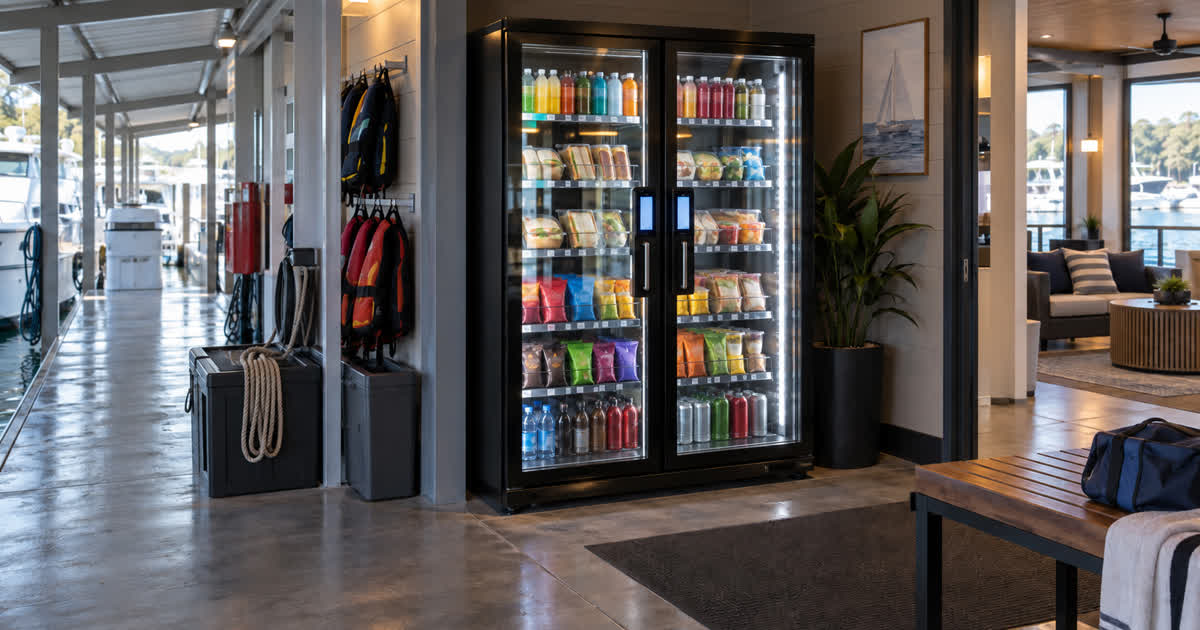 Revvolto smart vending cooler near a protected marina dock path for boaters and staff