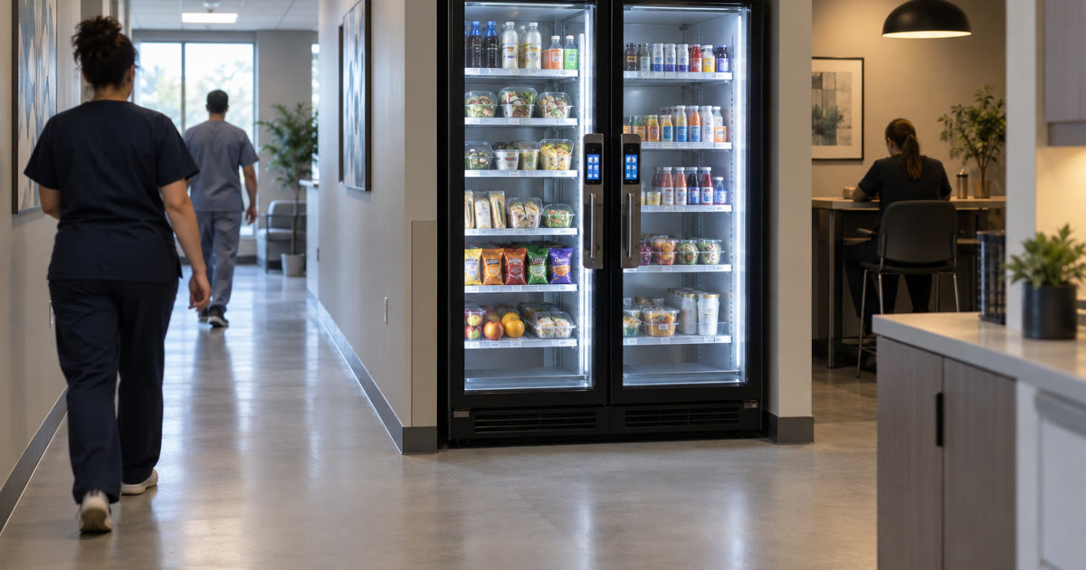 Revvolto smart vending cooler along a medical clinic staff corridor with clear glass shelves
