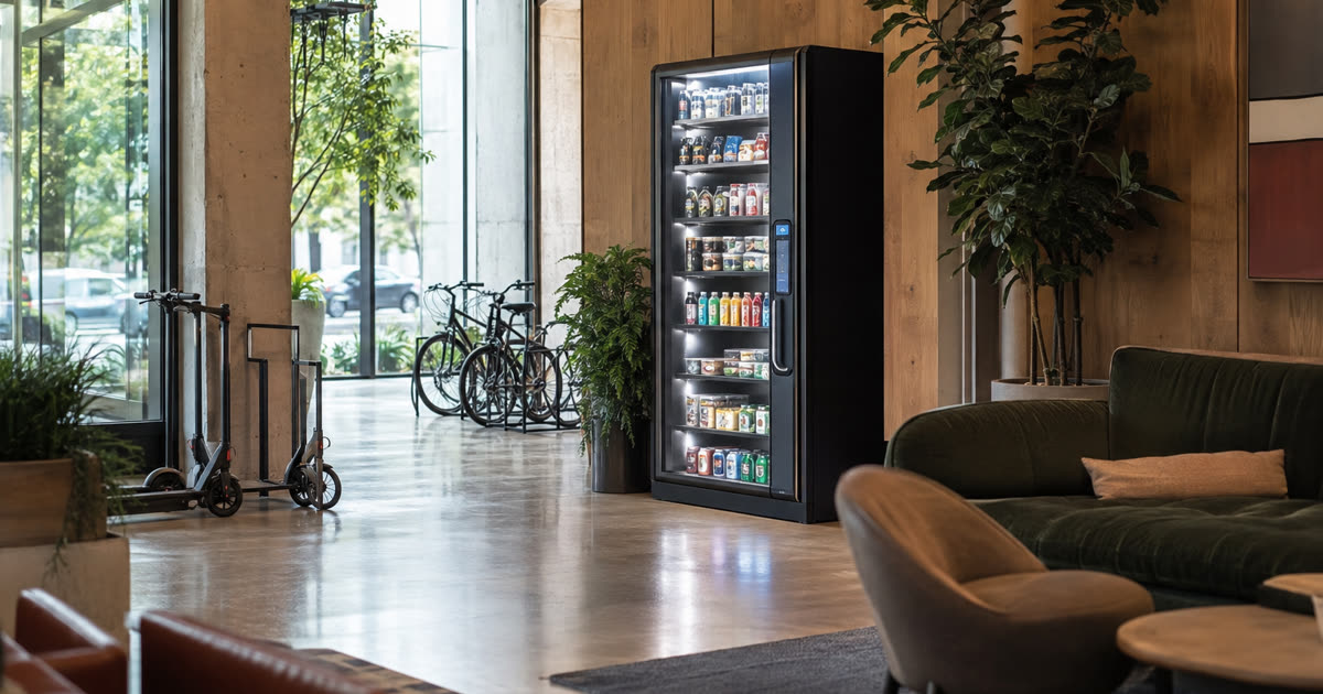 Revvolto smart vending cooler in an Austin mobility hub adjacent tenant amenity room with clear glass shelves