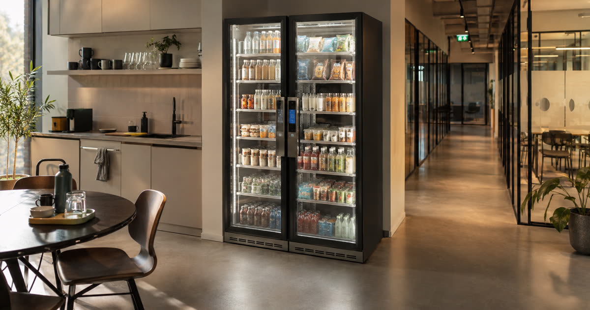 Revvolto smart cooler in an Austin workplace kitchen with glass doors and stocked office vending products
