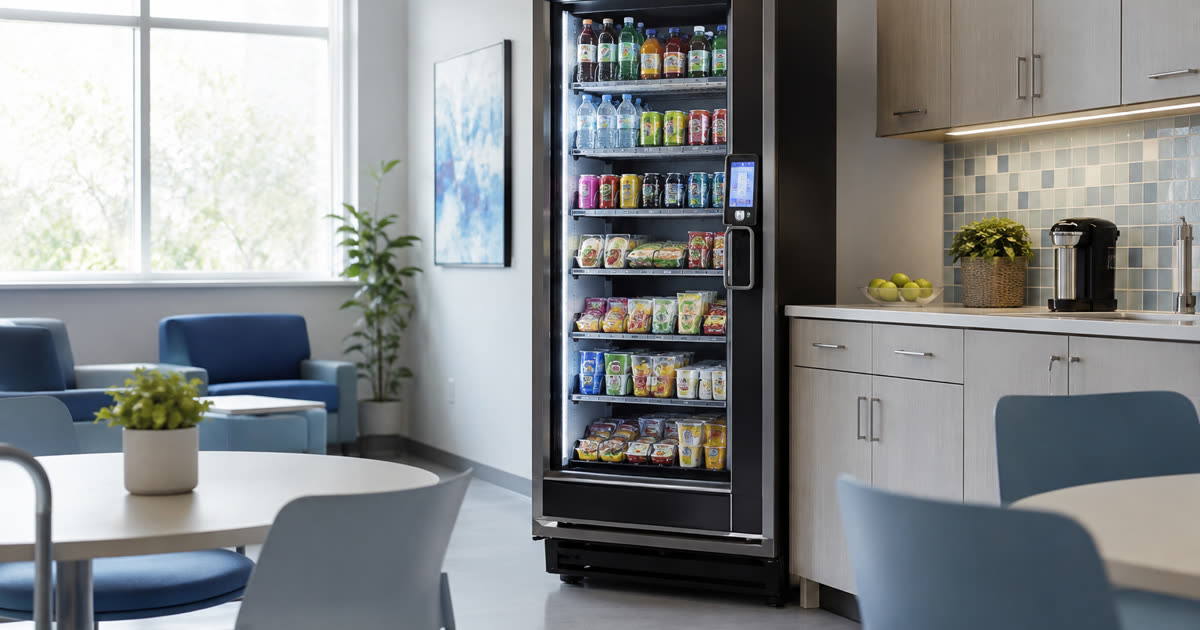 Revvolto smart fridge in a staff-only outpatient center breakroom near an employee kitchenette