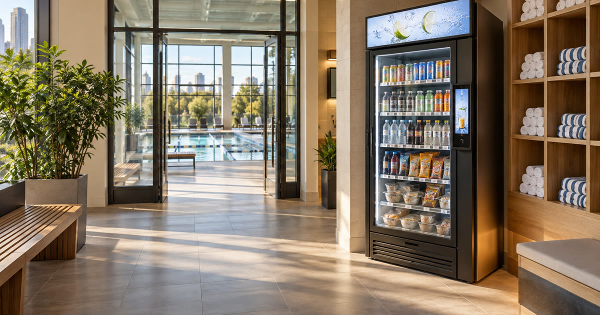 Revvolto smart vending cooler in a recreation center lobby near visitor seating and pool facility access