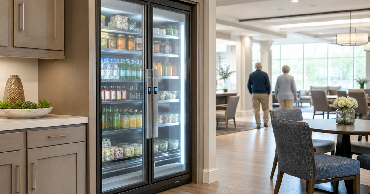 Revvolto smart fridge in a senior living amenity room with clear stocked glass doors
