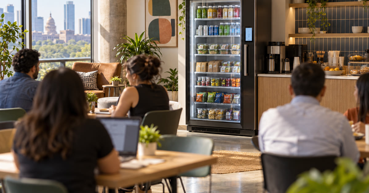 Revvolto smart vending cooler in an Austin small-business workshop break area