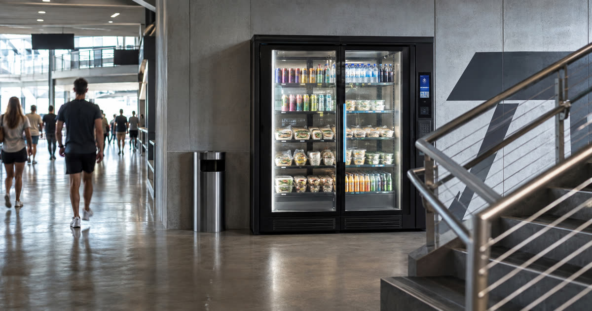 Revvolto smart vending cooler near a stadium concourse pause point with stocked clear glass shelves