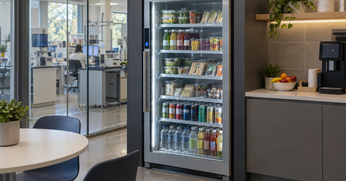 Revvolto smart fridge in an Austin STEM staff break area with stocked clear glass shelves