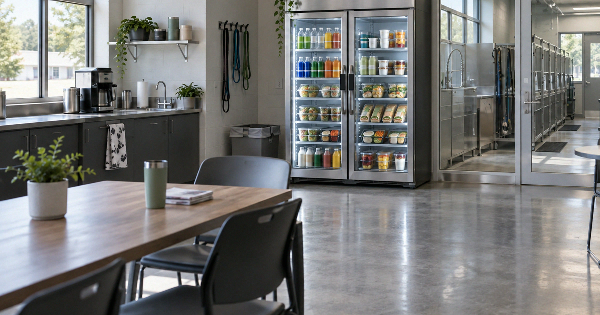 Conceptual Revvolto smart cooler in a cool-daylight animal shelter staff space with the room leading the view