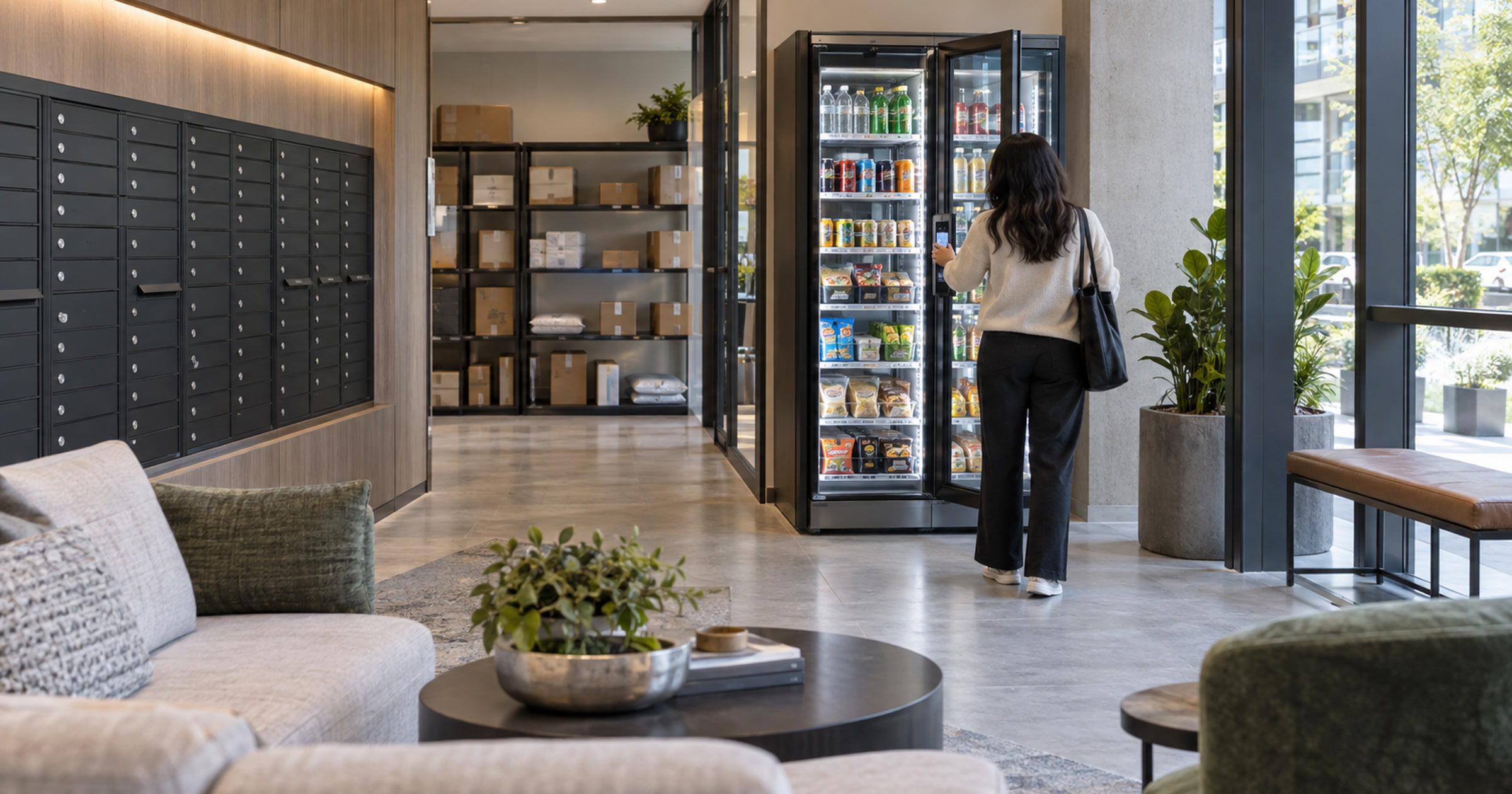 Revvolto smart cooler near an apartment package room with resident grab-and-go access