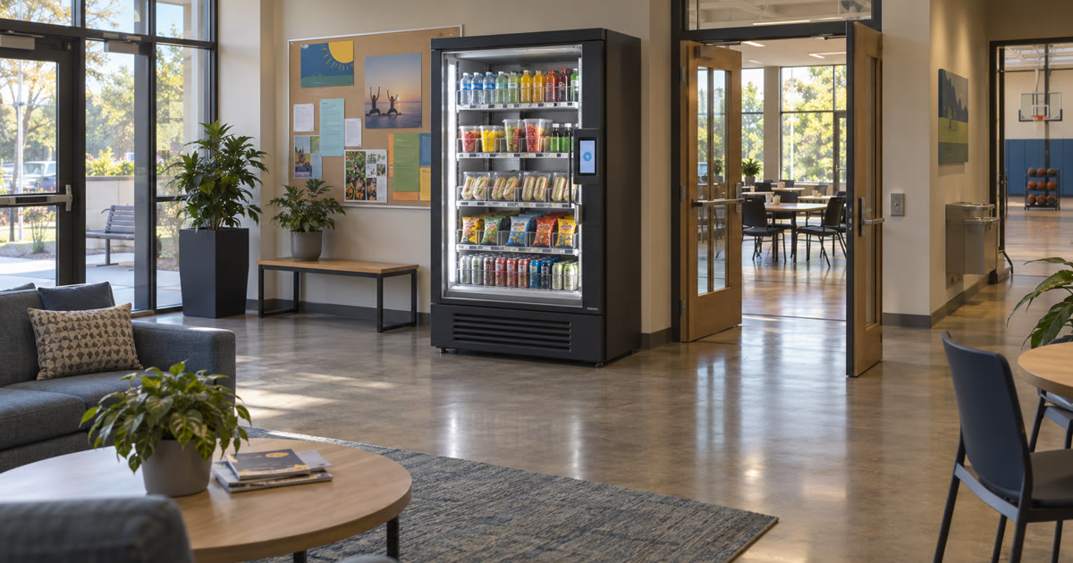 Revvolto smart vending cooler in a community recreation center lobby with program rooms nearby