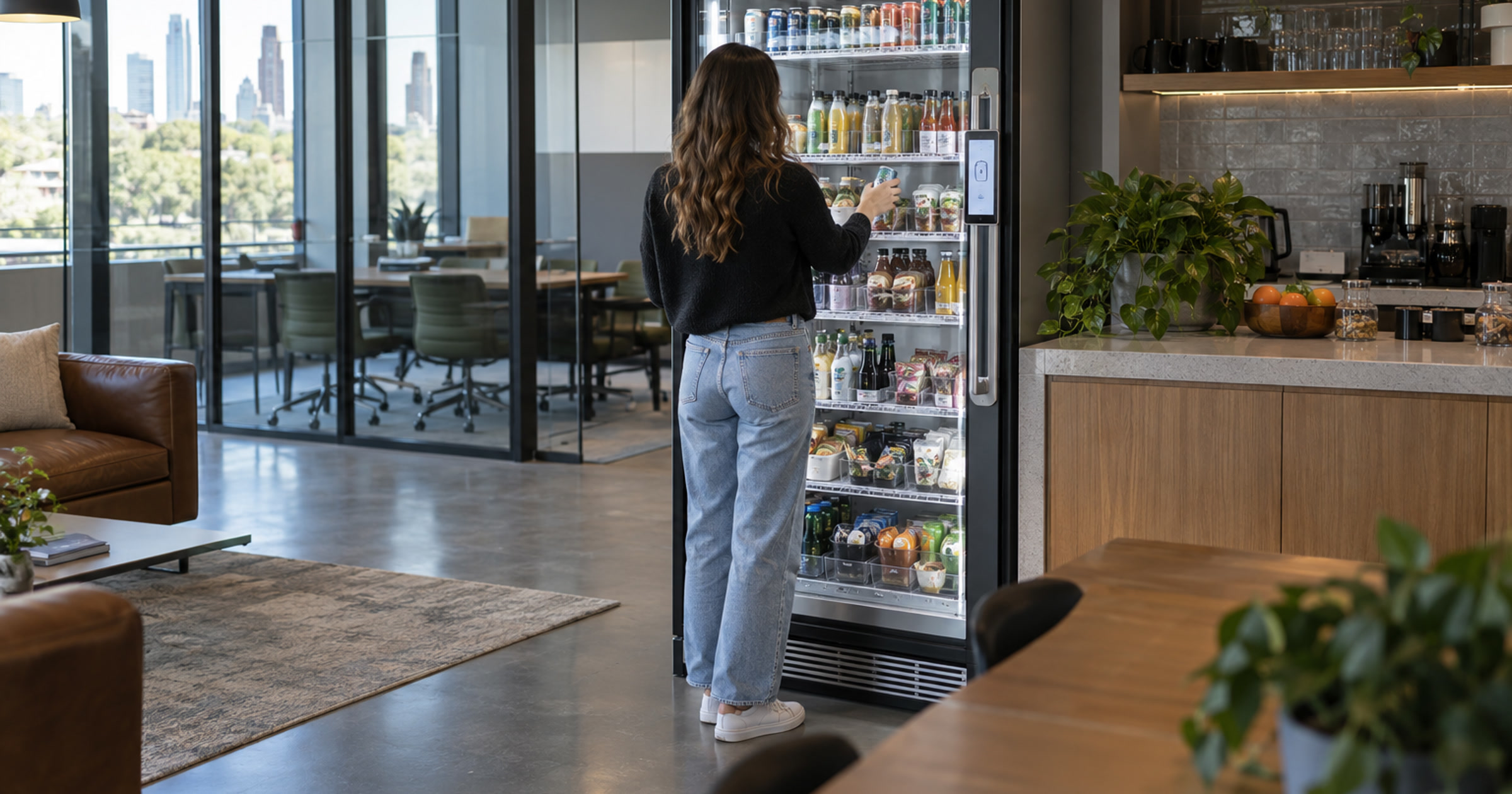 Revvolto smart cooler in an Austin flexible office lounge with clear glass doors and grab-and-go products