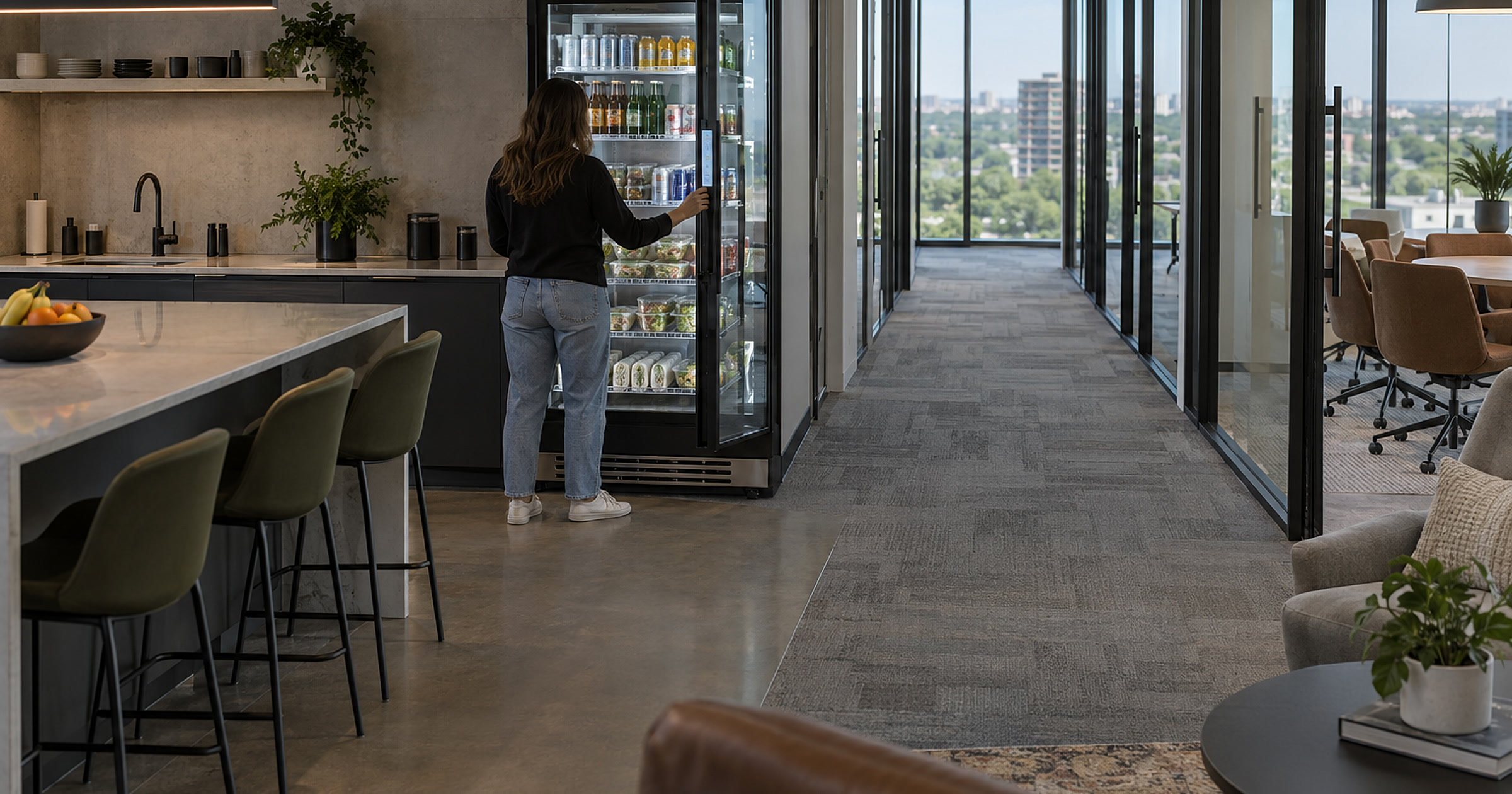 Revvolto smart cooler in a Northwest Austin coworking kitchen near glass offices