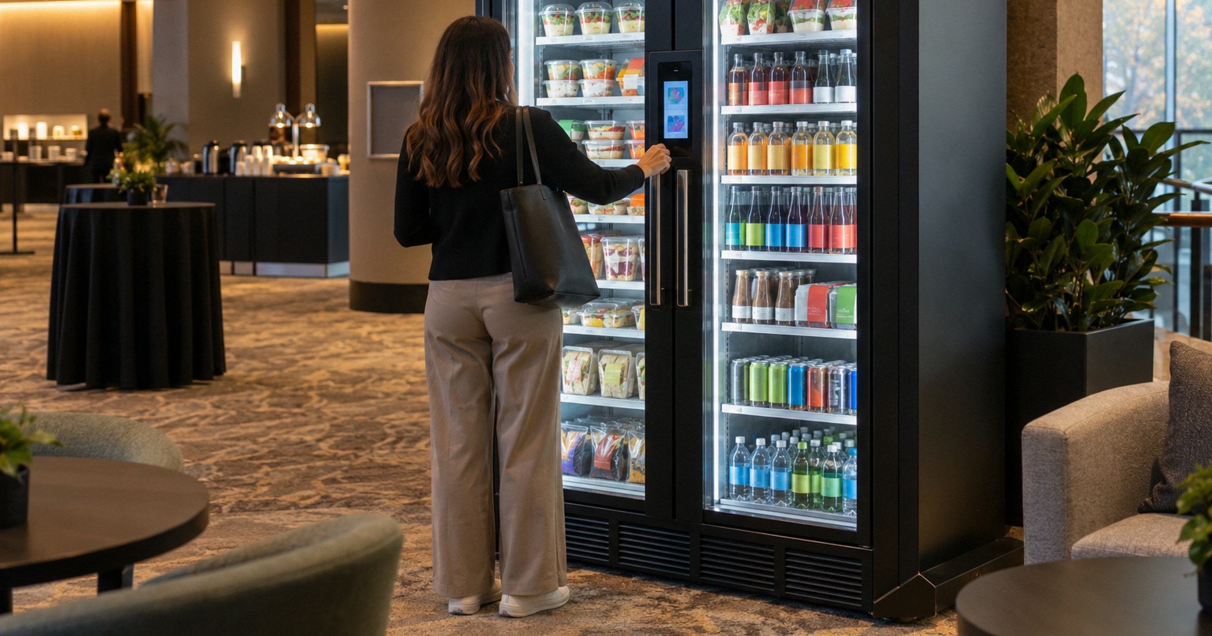 Revvolto smart cooler in an event venue foyer during a guest break route