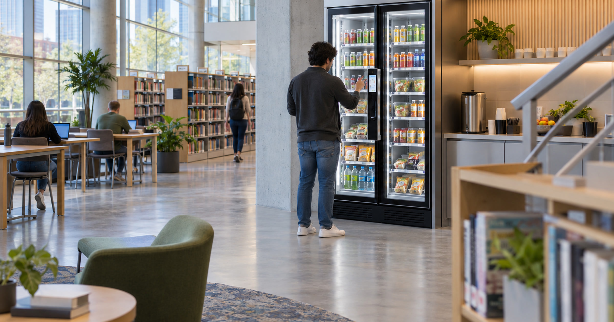 Revvolto smart cooler in a bright Austin library community space with bookshelves and visitor seating