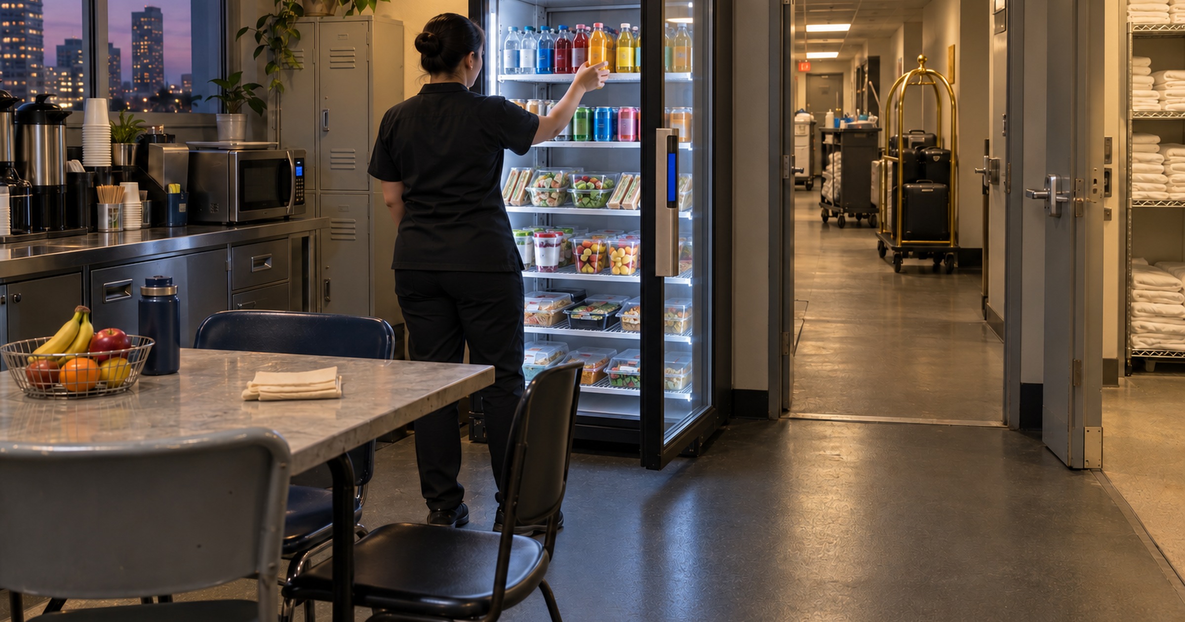Revvolto smart cooler in an evening hotel staff break room as an employee retrieves a bottled drink