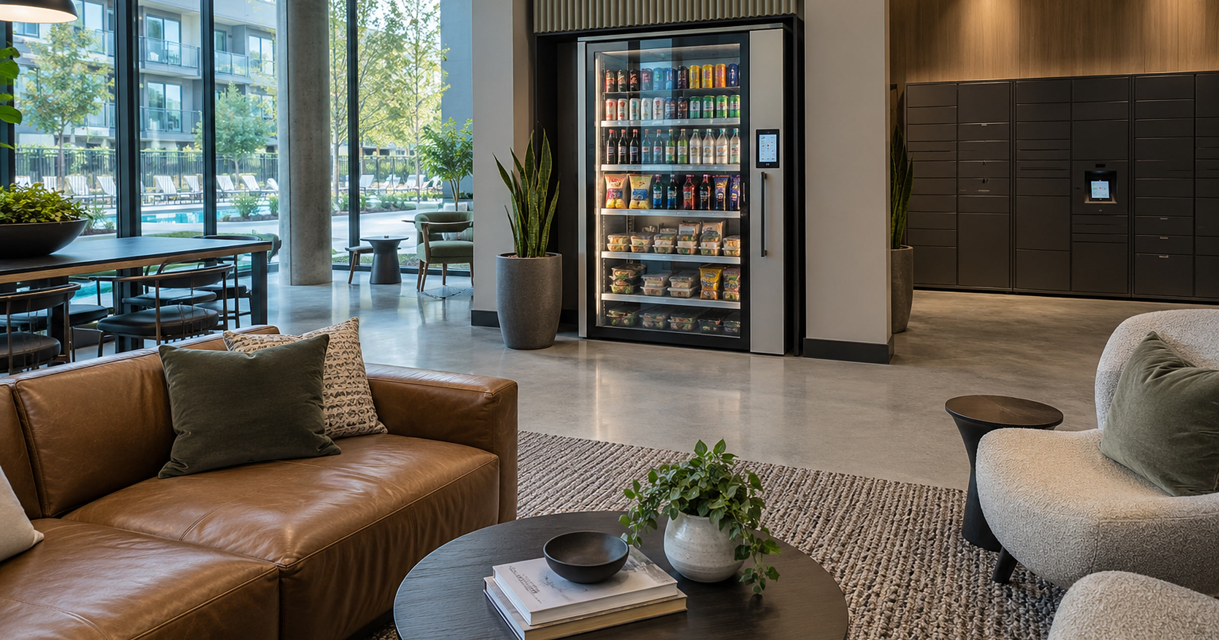 Revvolto smart cooler in a multifamily amenity lounge planned for resident grab-and-go access