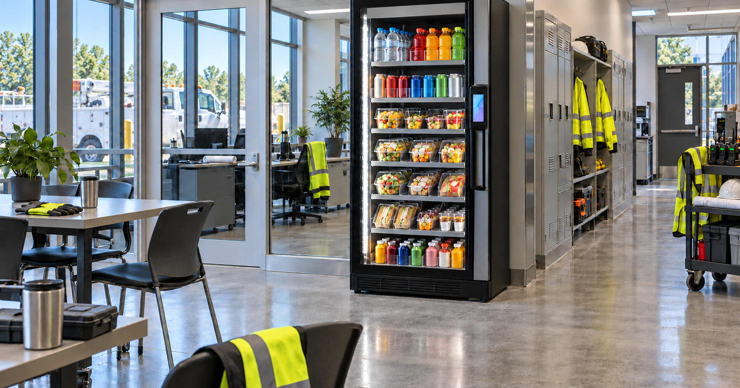 Revvolto smart cooler in a municipal public-works staff lounge with lockers safety gear and a clear service route