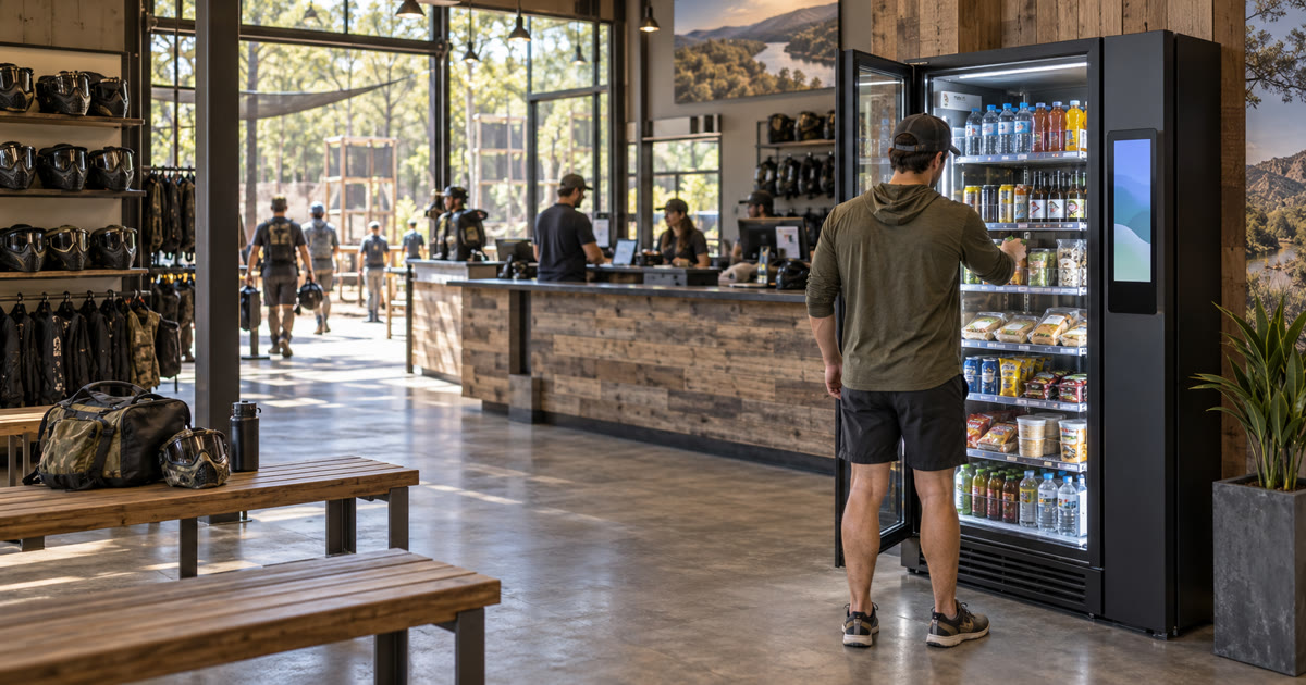 Revvolto smart cooler near an Austin outdoor recreation check-in area with stocked glass shelves