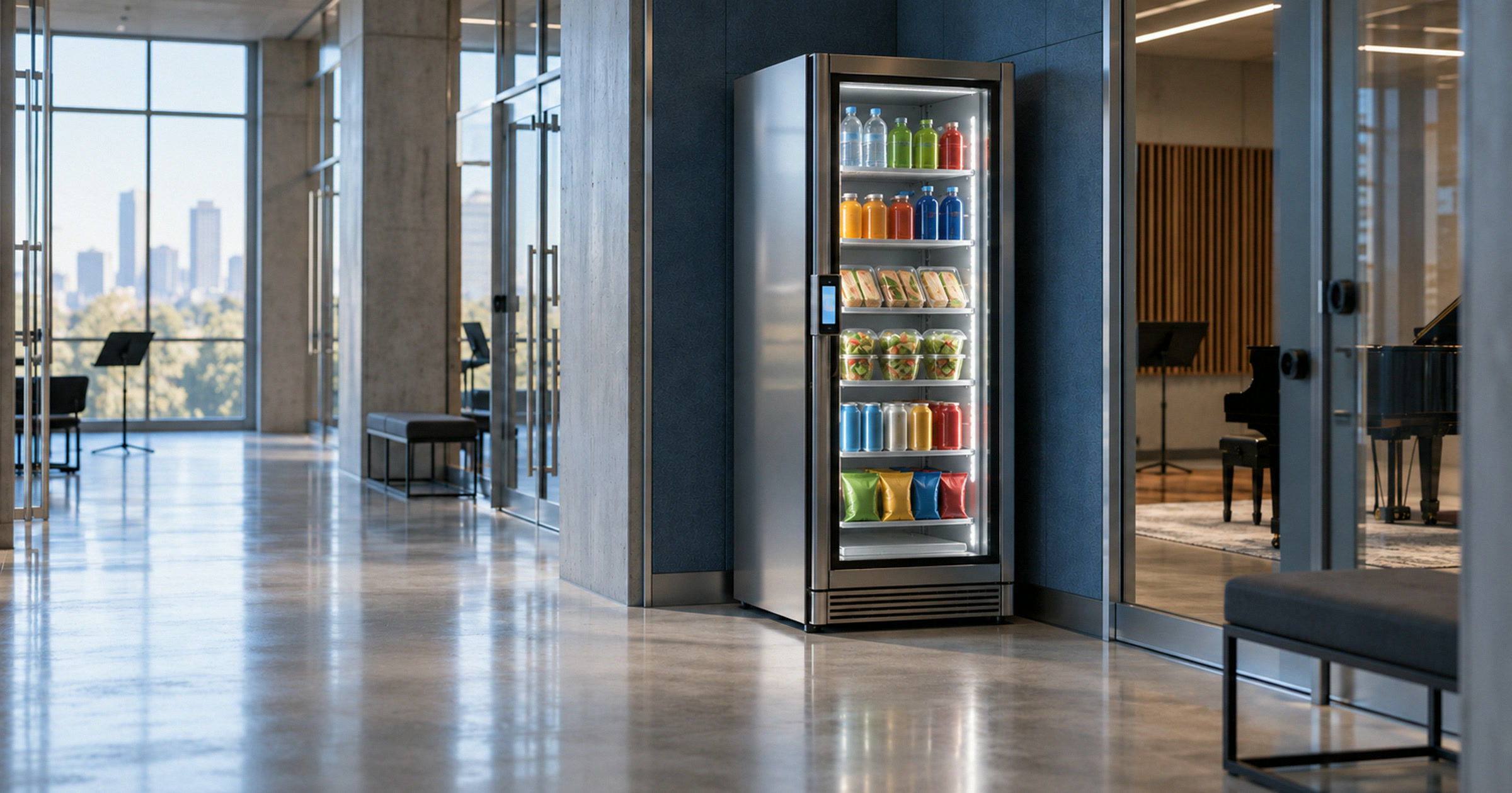 Revvolto smart cooler in a cool daylight performing arts rehearsal corridor with glass practice rooms