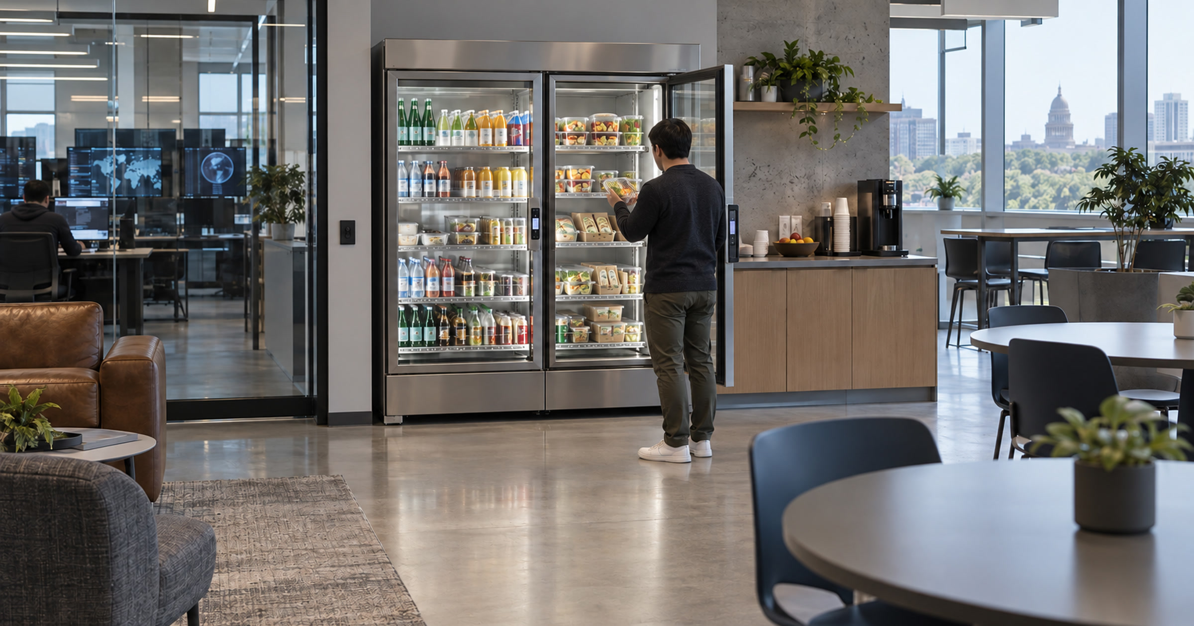 Revvolto smart cooler in a focused campus team lounge with stocked cashless food and drinks