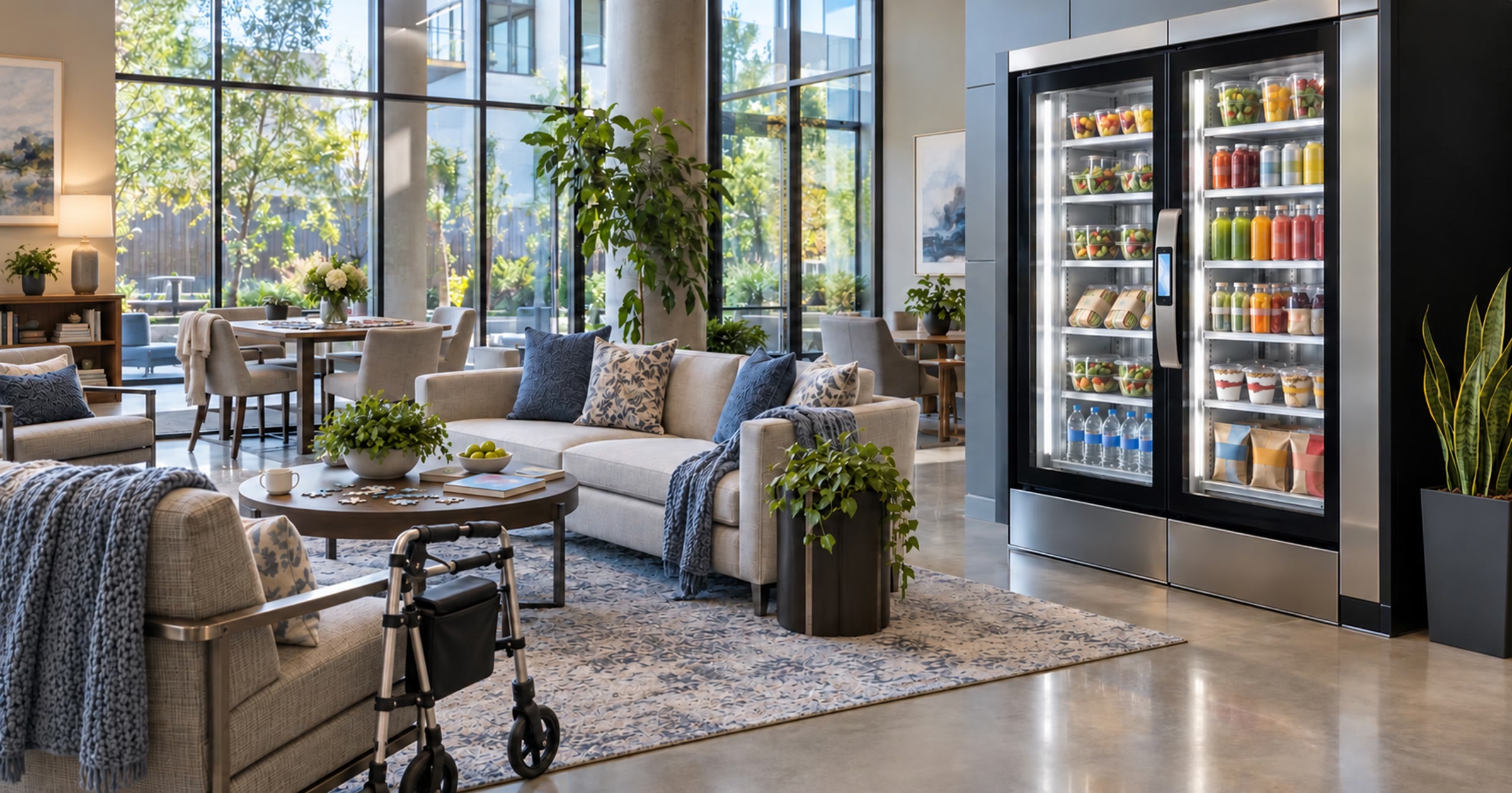Conceptual smart cooler in a bright Austin senior-living lounge with a mobility walker near the seating area