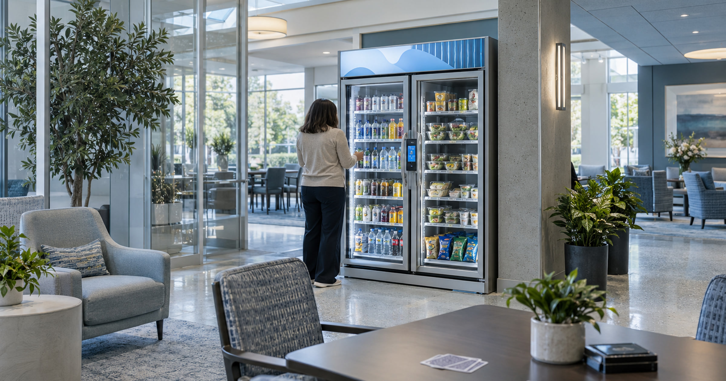Revvolto smart cooler in a cool daylight senior living common area