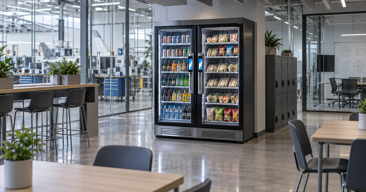 Revvolto smart fridge cooler in an advanced manufacturing campus employee cafe