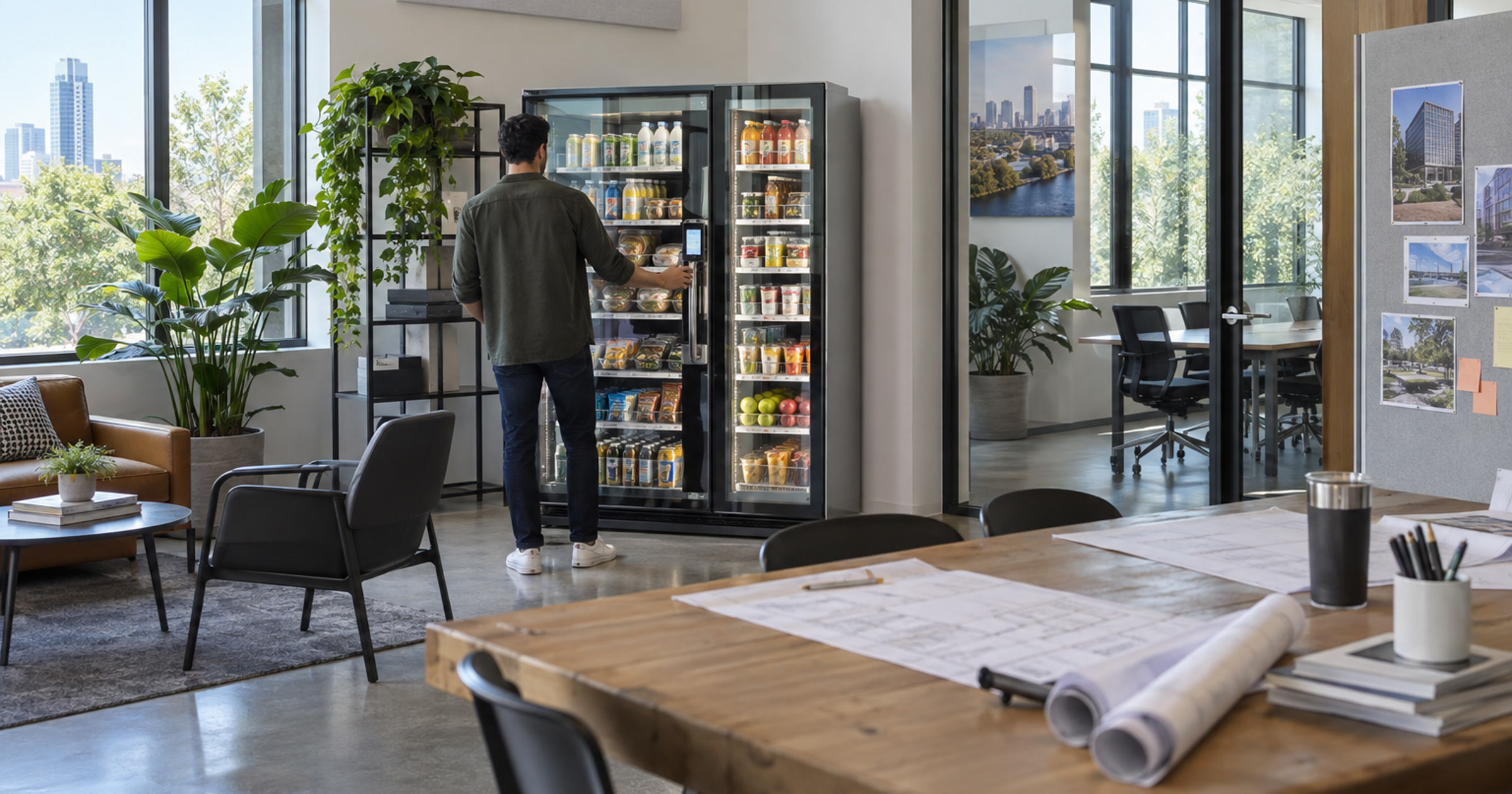 Revvolto smart vending cooler in an Austin community headquarters planning lounge with a visitor selecting a drink