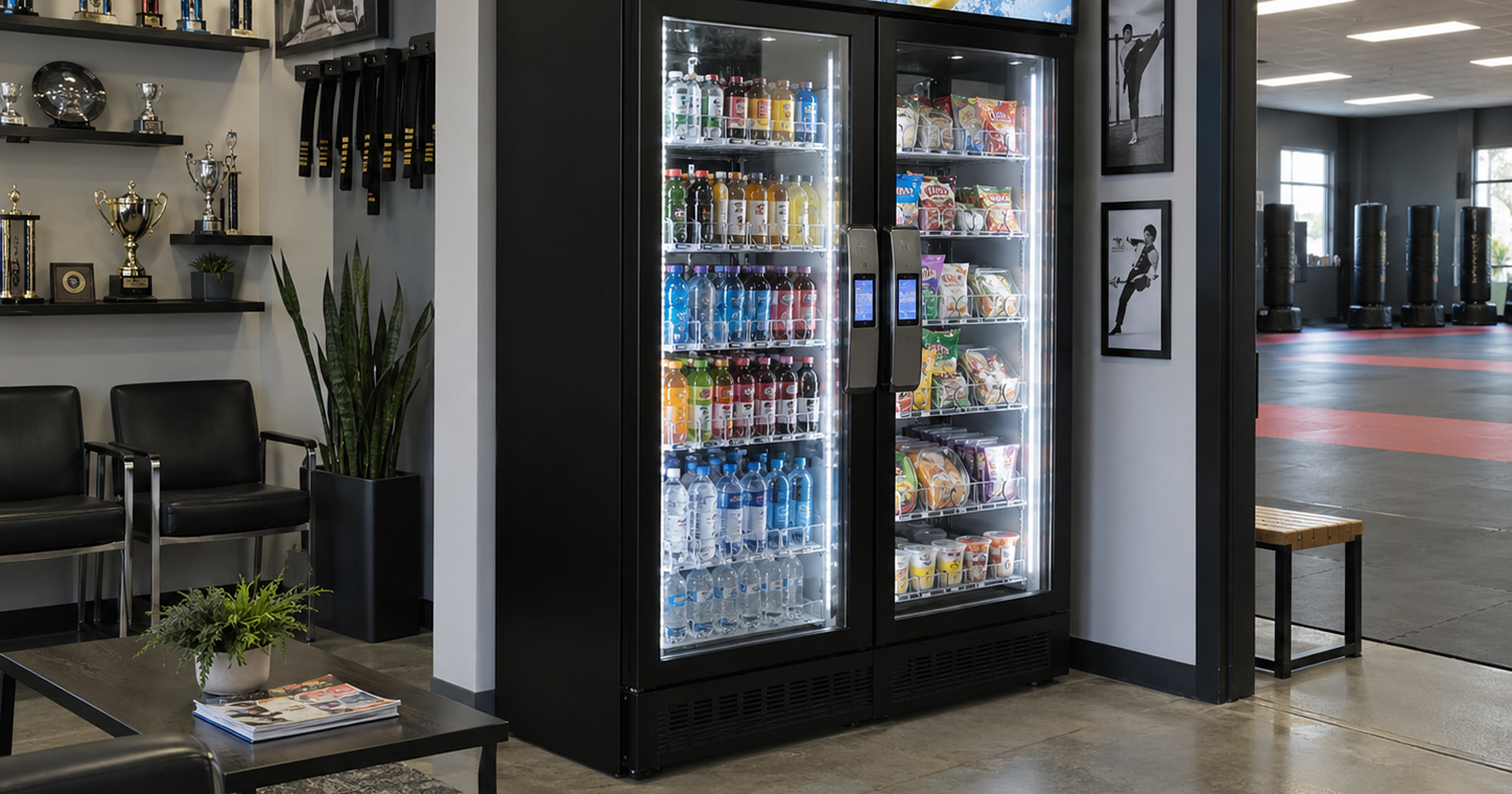 Revvolto smart vending cooler in a martial arts studio lobby near parent seating