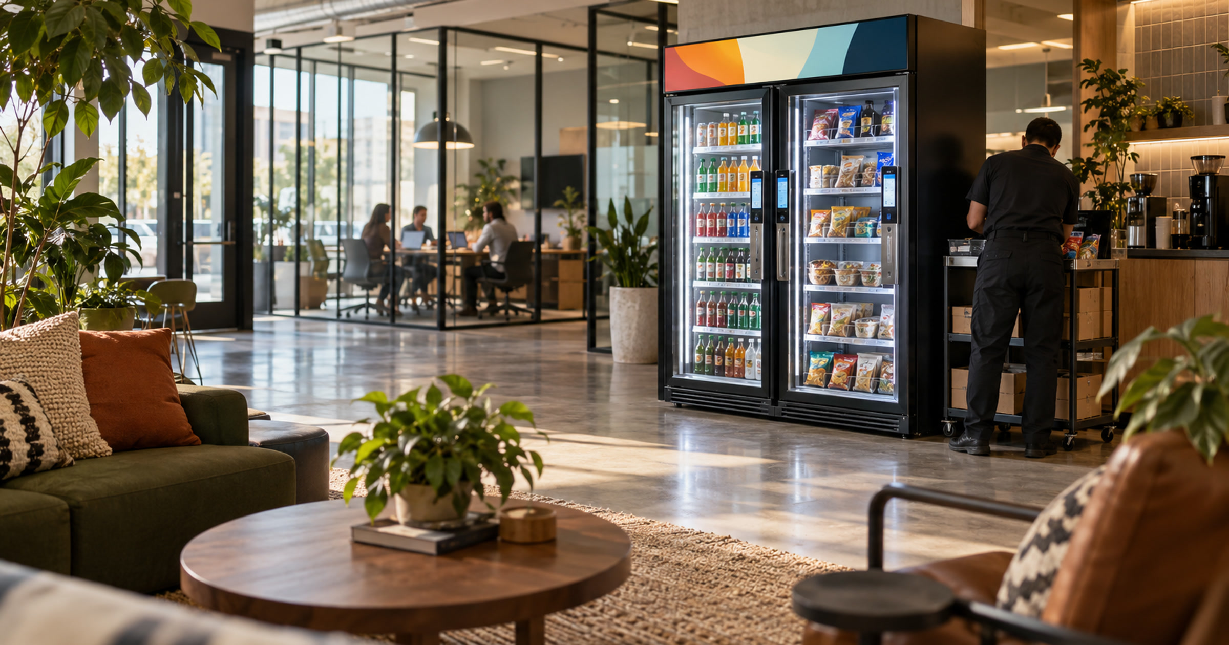 Revvolto smart vending cooler in a coworking lounge with a service person restocking nearby