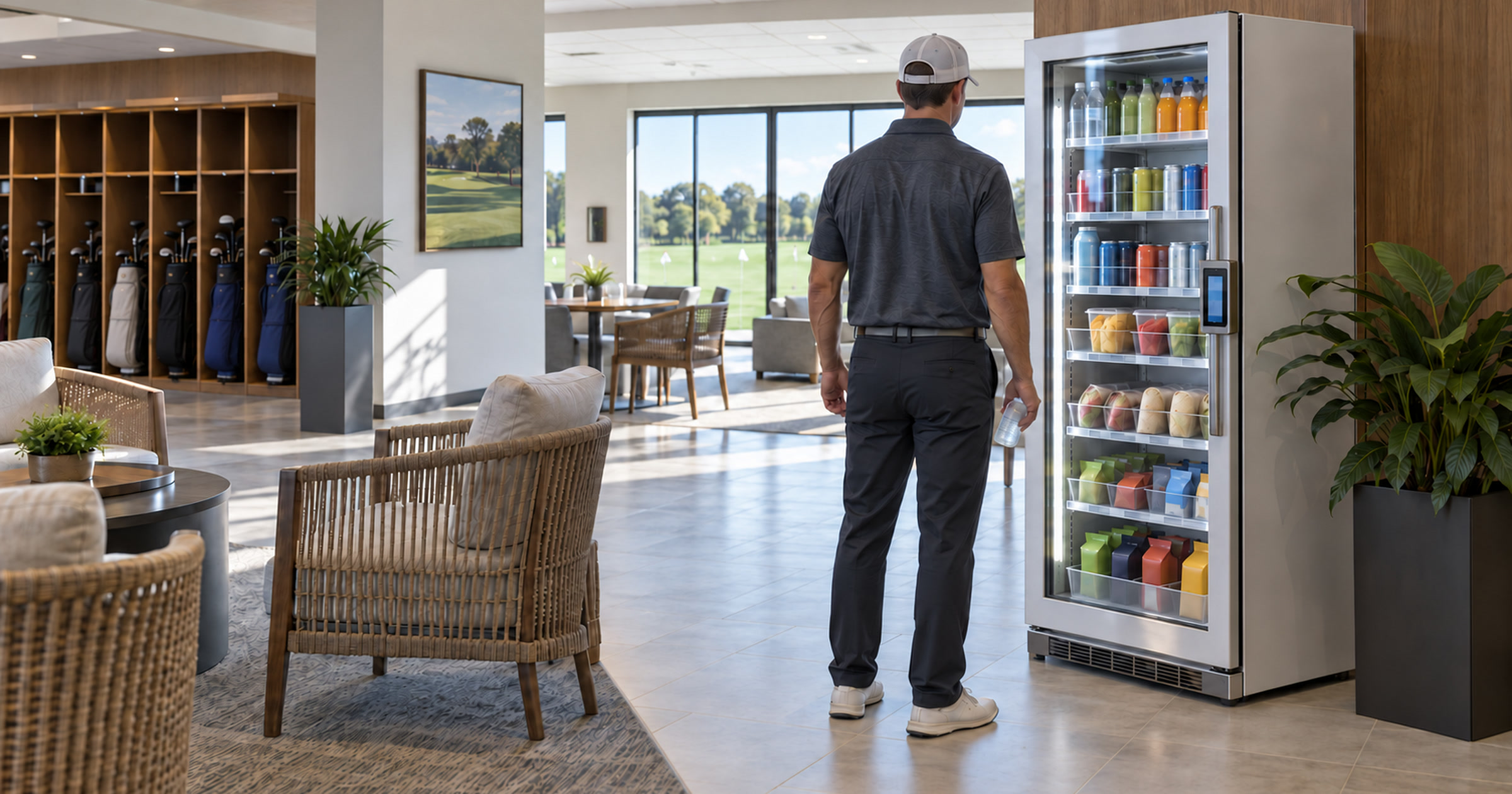 Revvolto AI vending cooler in a skylit golf clubhouse lounge with a visitor browsing from behind