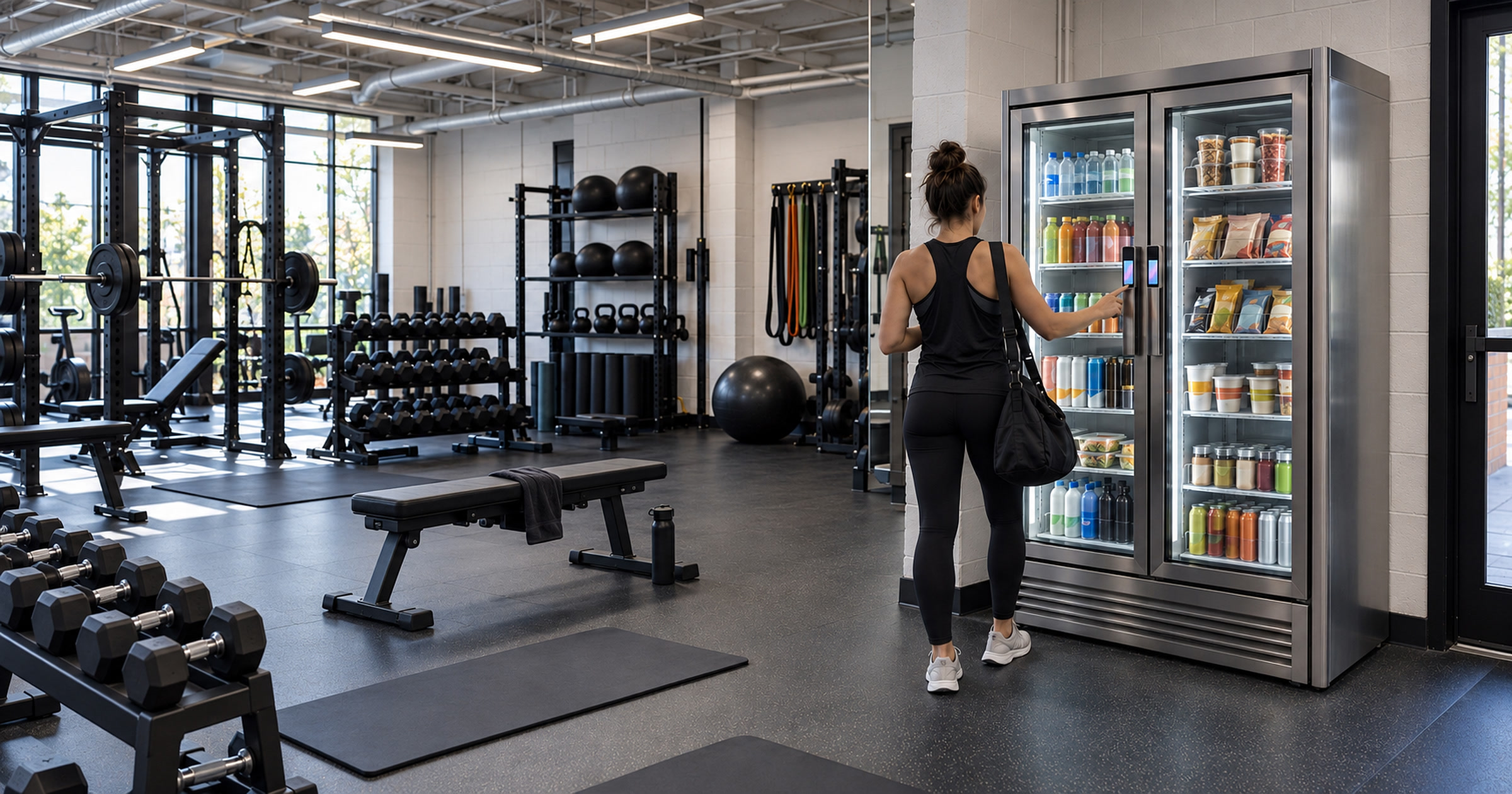 Revvolto smart cooler in a fitness studio as a member taps the handle screen after a workout