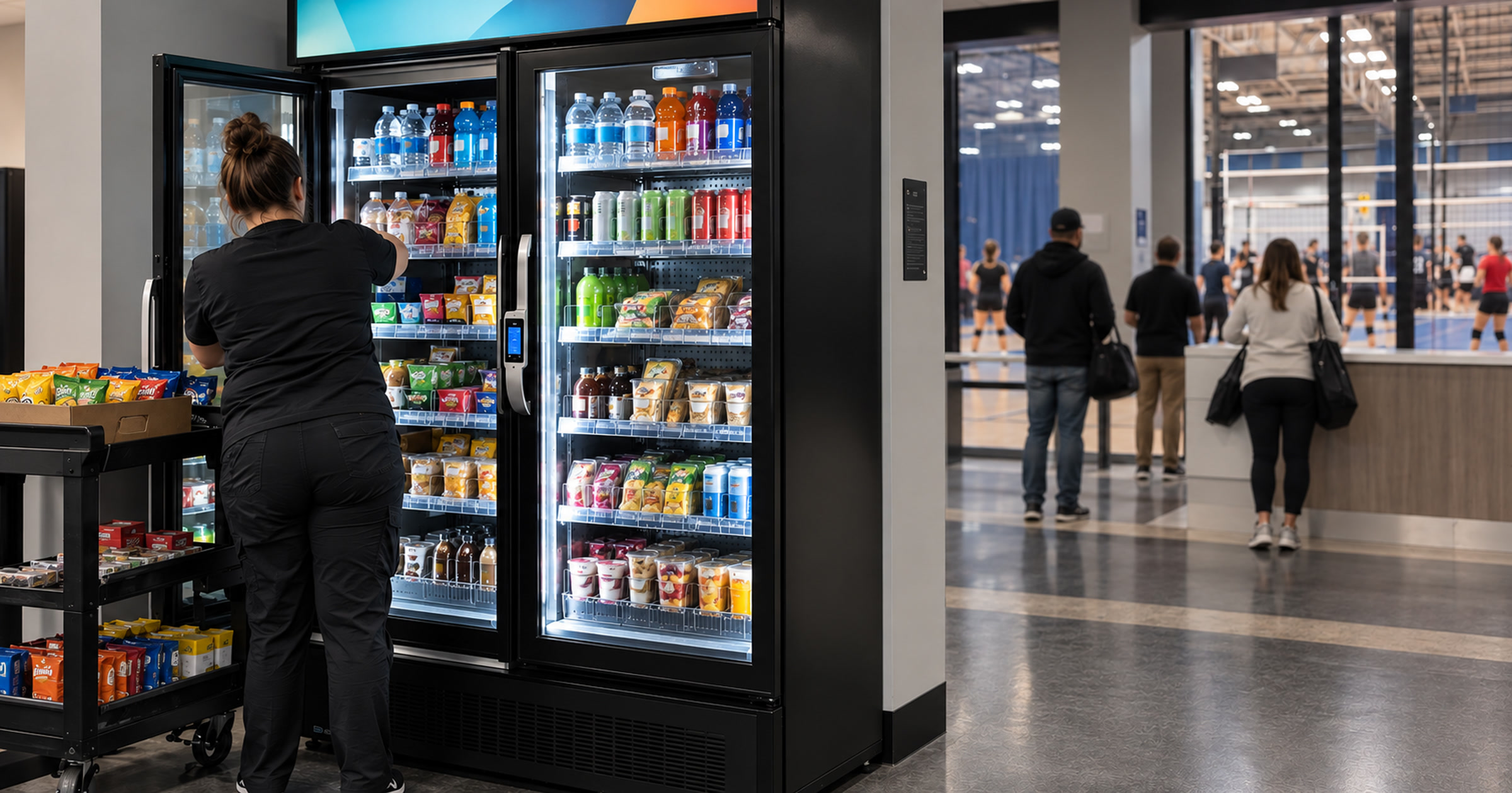 Revvolto smart vending cooler being restocked beside an indoor sports complex lobby route