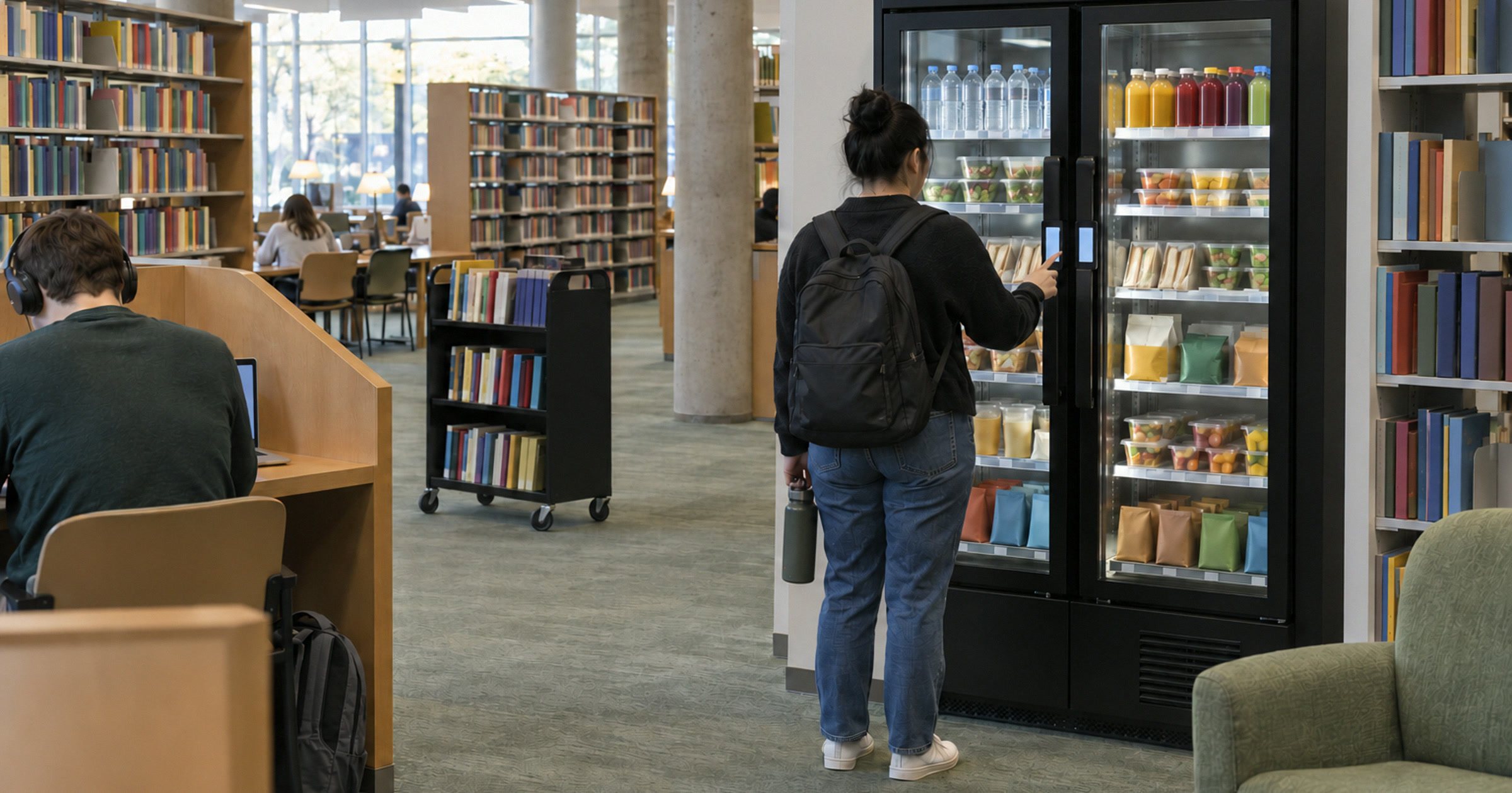Conceptual non-identifiable library visitor tapping a Revvolto smart cooler handle screen beside study shelves