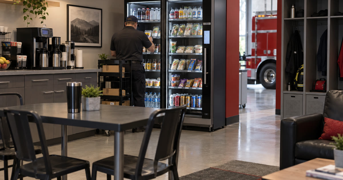 Public-safety staff break room with Revvolto-style smart vending for shift-friendly access