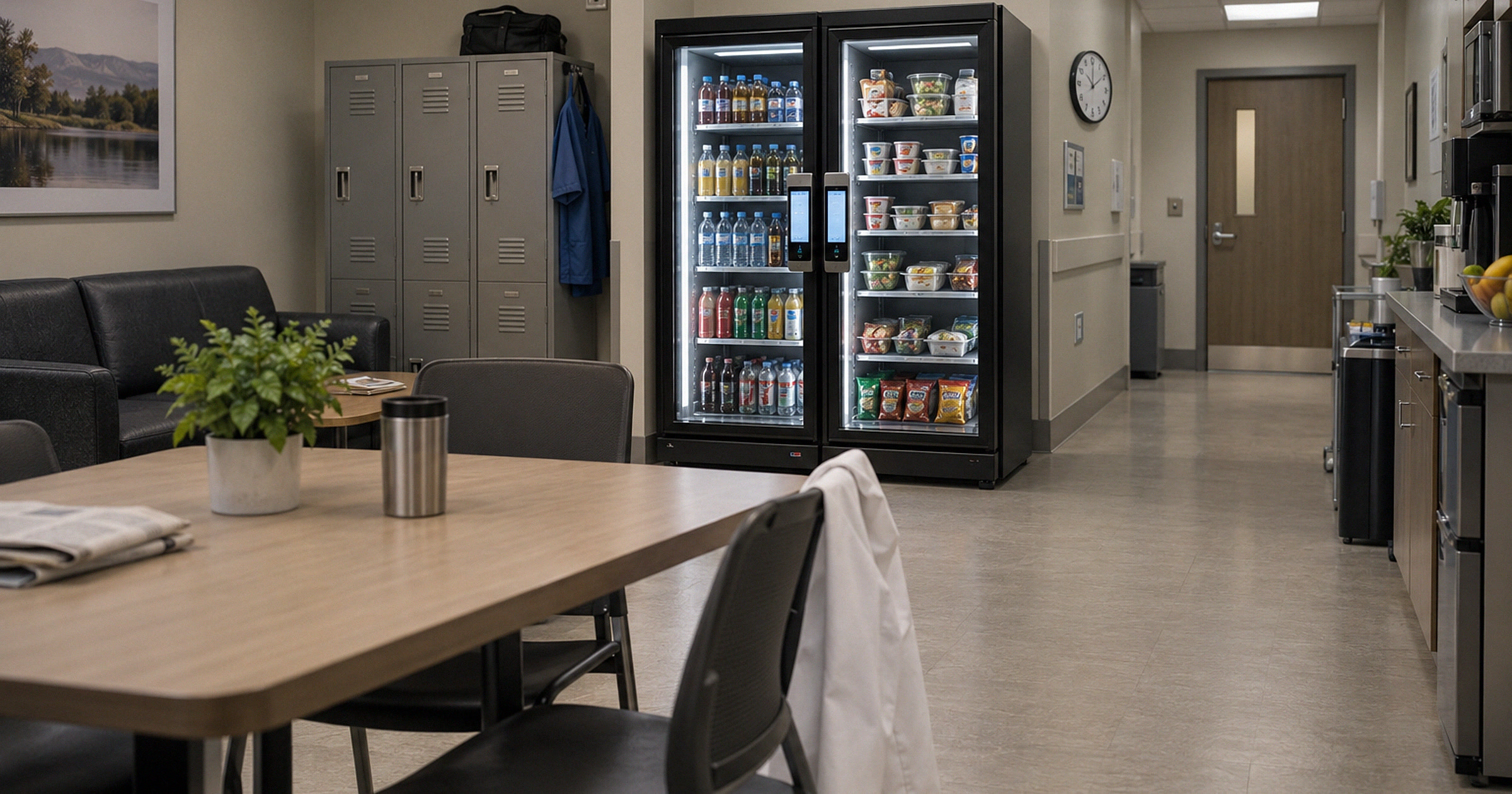Revvolto double door smart vending cooler in an outpatient staff lounge near a service path